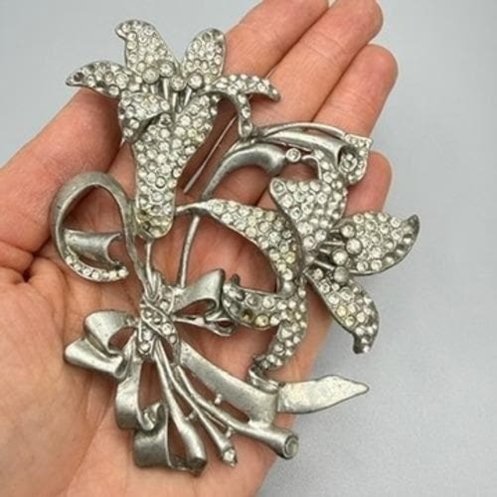 Vintage Pot Metal Floral Rhinestone Brooch 4" XL **Missing Pin Back** READ